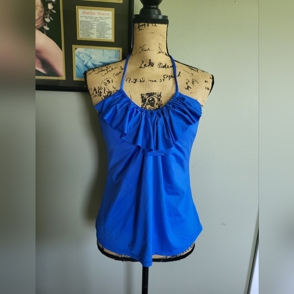 Kenneth Cole Reaction Tankini Ruffle Tie Neck Blue - Picture 1 of 5